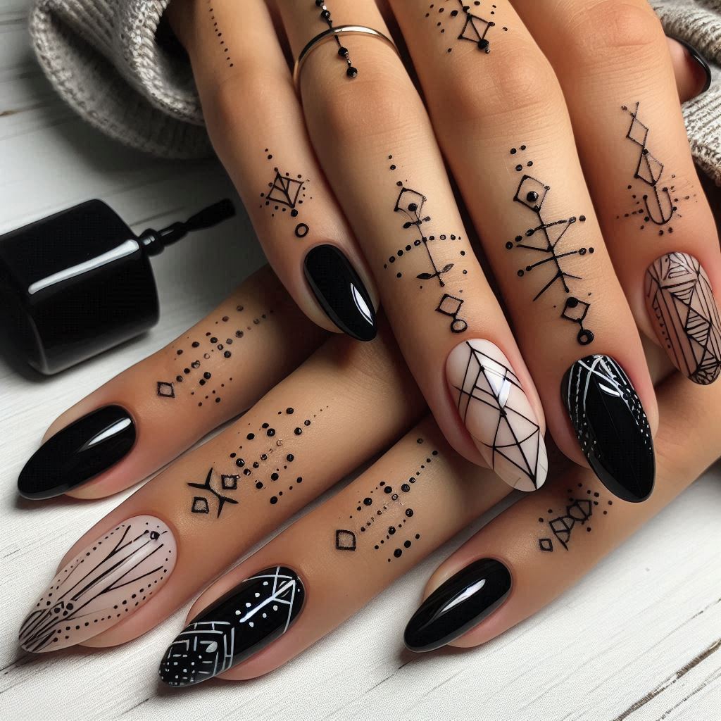 Dotwork and Linework Nails For fans of geometric or minimalist tattoos