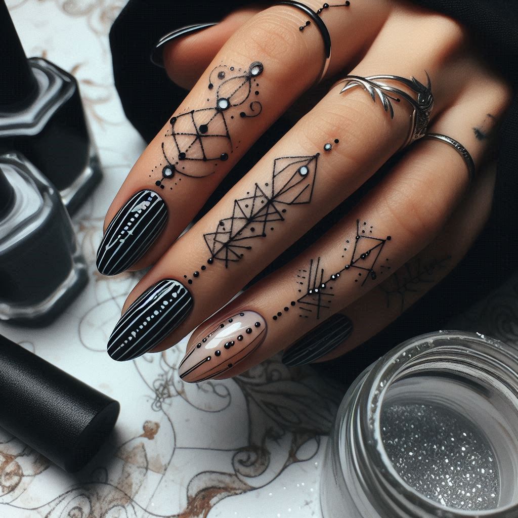 Dotwork and Linework Nails For fans of geometric or minimalist tattoos